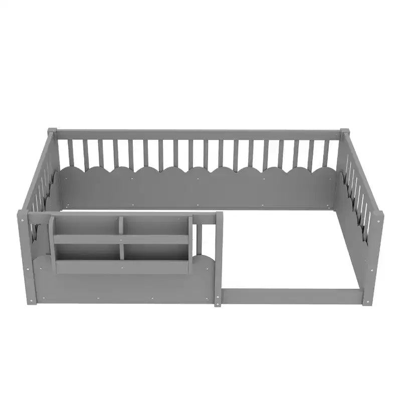 Letto a pavimento grigio/naturale/bianco con sponde di sicurezza e libreria, singolo/matrimoniale/king size, per 1 bambino