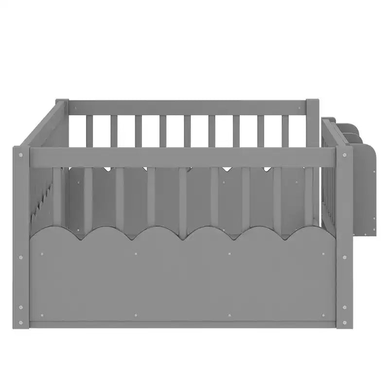 Letto a pavimento grigio/naturale/bianco con sponde di sicurezza e libreria, singolo/matrimoniale/king size, per 1 bambino