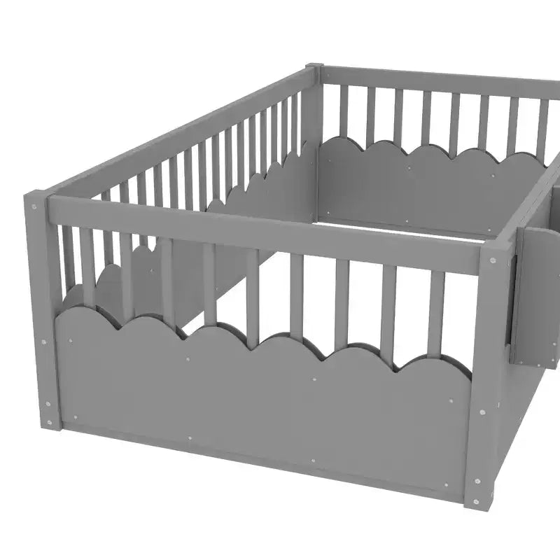 Letto a pavimento grigio/naturale/bianco con sponde di sicurezza e libreria, singolo/matrimoniale/king size, per 1 bambino