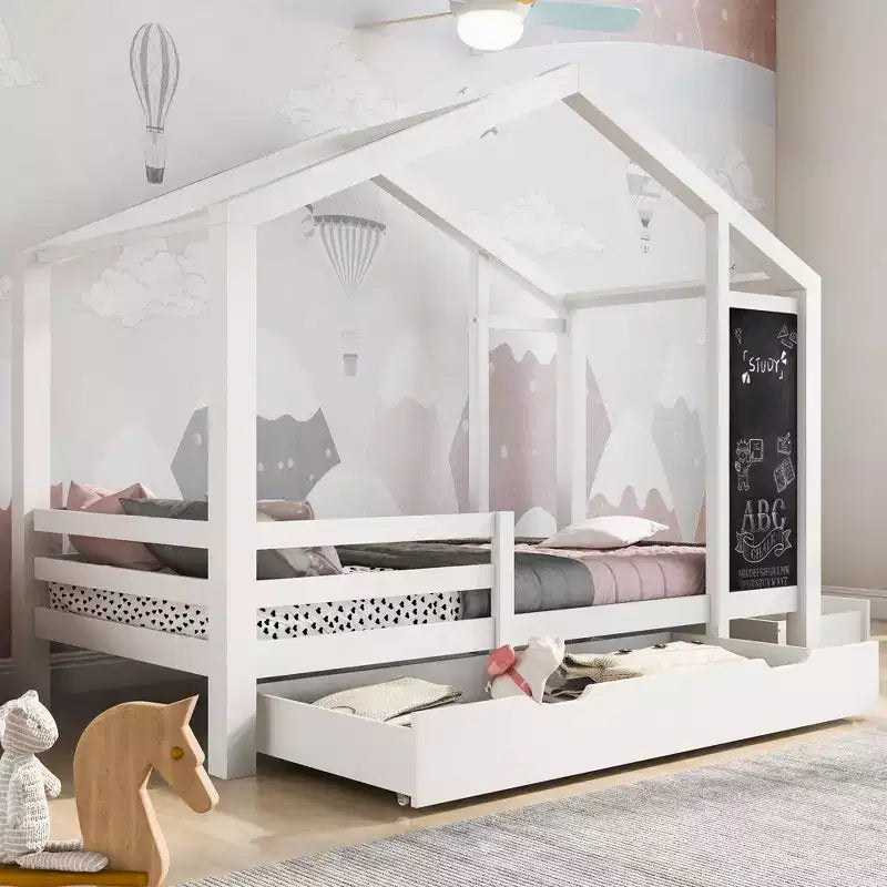 Letto a casa a grandezza naturale con lavagna e cassetti, bianco, 1 persona