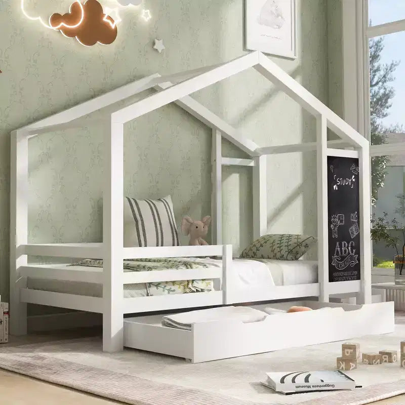 Letto a casa a grandezza naturale con lavagna e cassetti, bianco, 1 persona