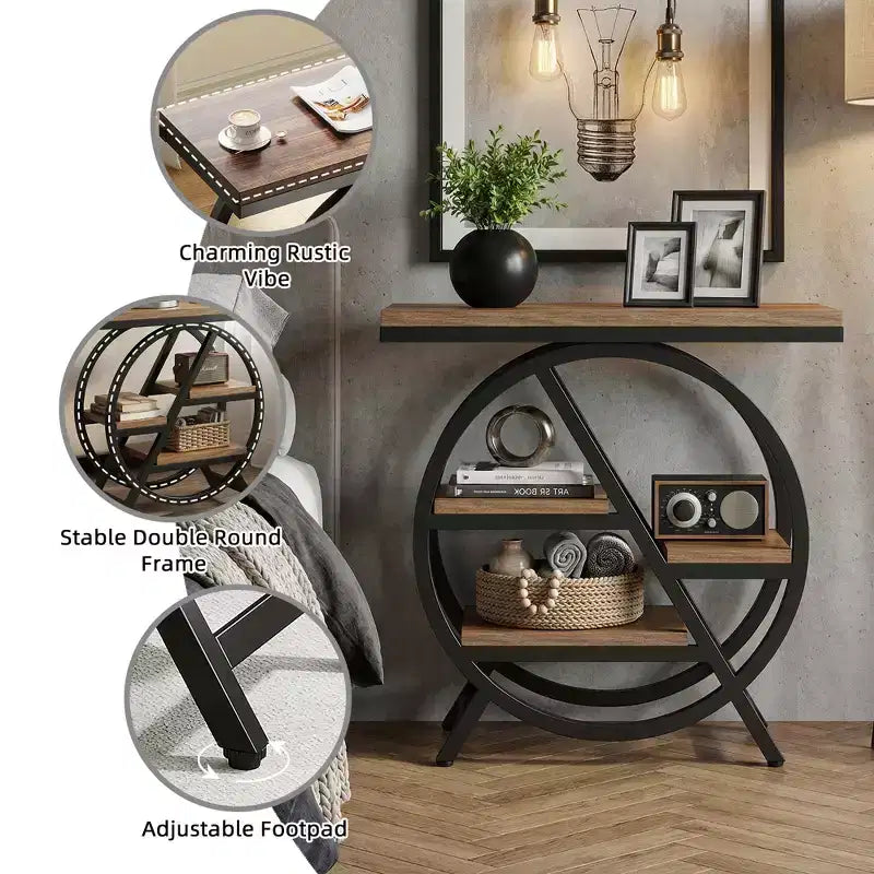 Tavolino laterale a 4 ripiani sfalsati marrone, uso singolo, stile industriale