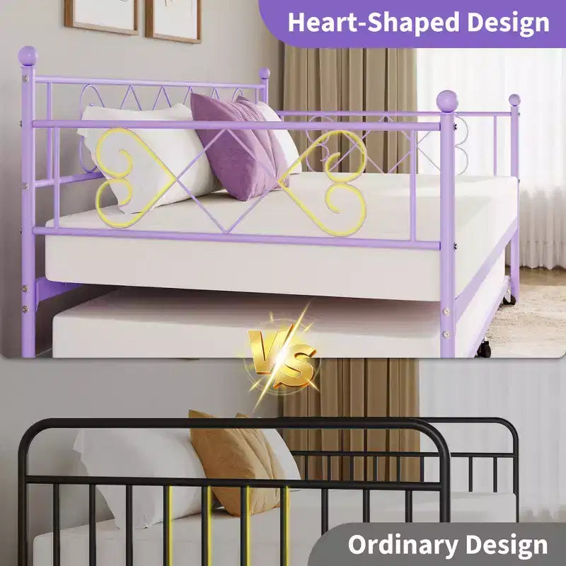 Letto da giorno doppio in metallo viola con rotelle estraibili, testiera a forma di cuore, per 2 persone