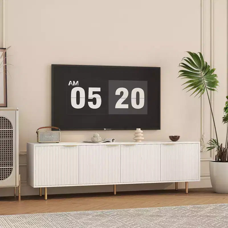 Mobile TV scanalato bianco da 68" con ante contenitore, montaggio a 1 persona