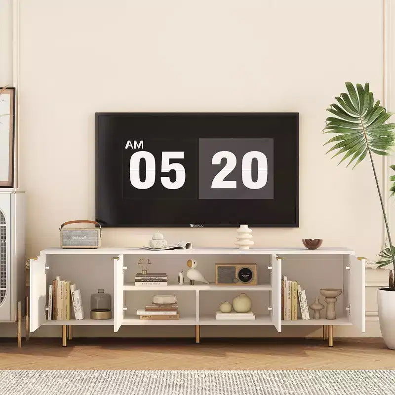 Mobile TV scanalato bianco da 68" con ante contenitore, montaggio a 1 persona