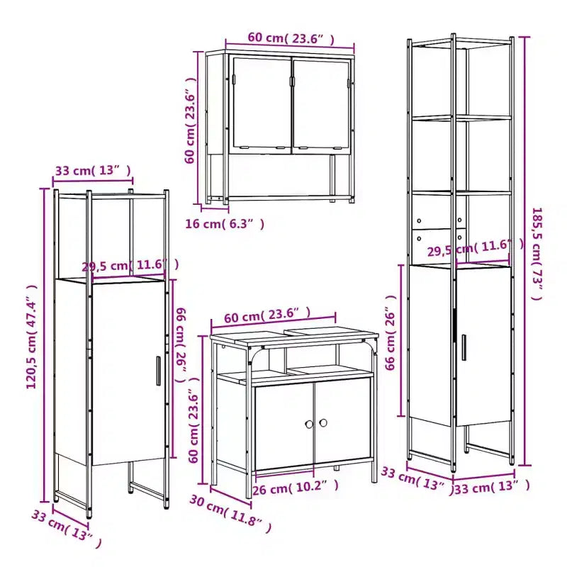 Set mobile bagno 4 pezzi, stile moderno, rovere nero / fumé