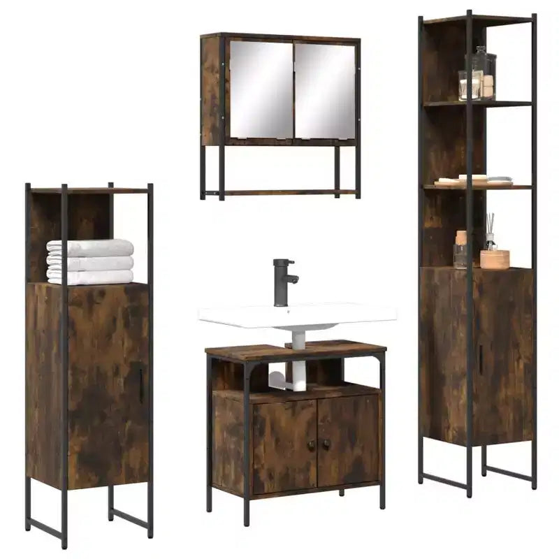 Set mobile bagno 4 pezzi, stile moderno, rovere nero / fumé