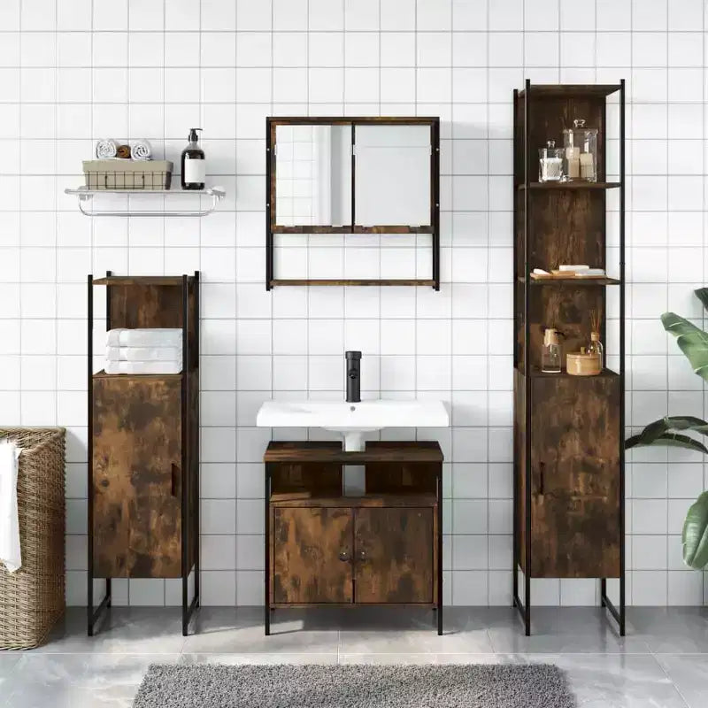 Set mobile bagno 4 pezzi, stile moderno, rovere nero / fumé