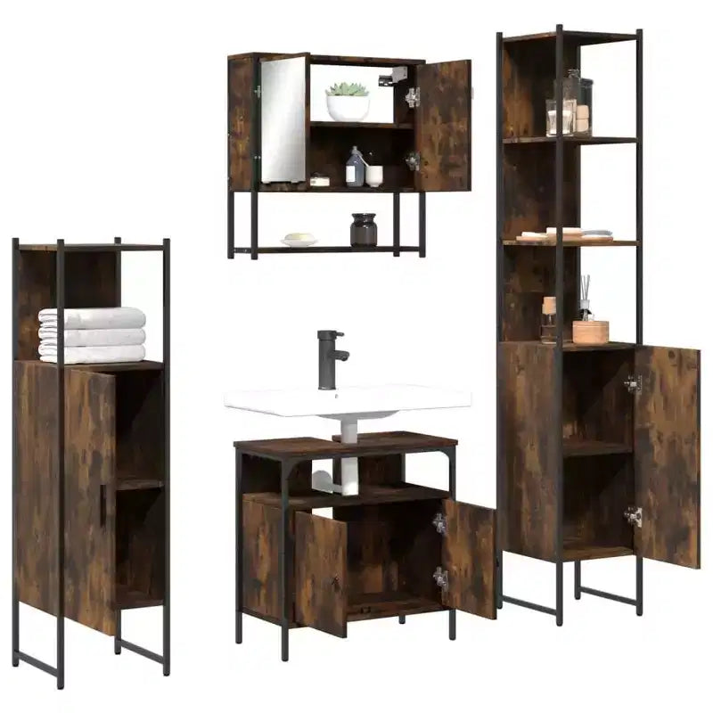 Set mobile bagno 4 pezzi, stile moderno, rovere nero / fumé