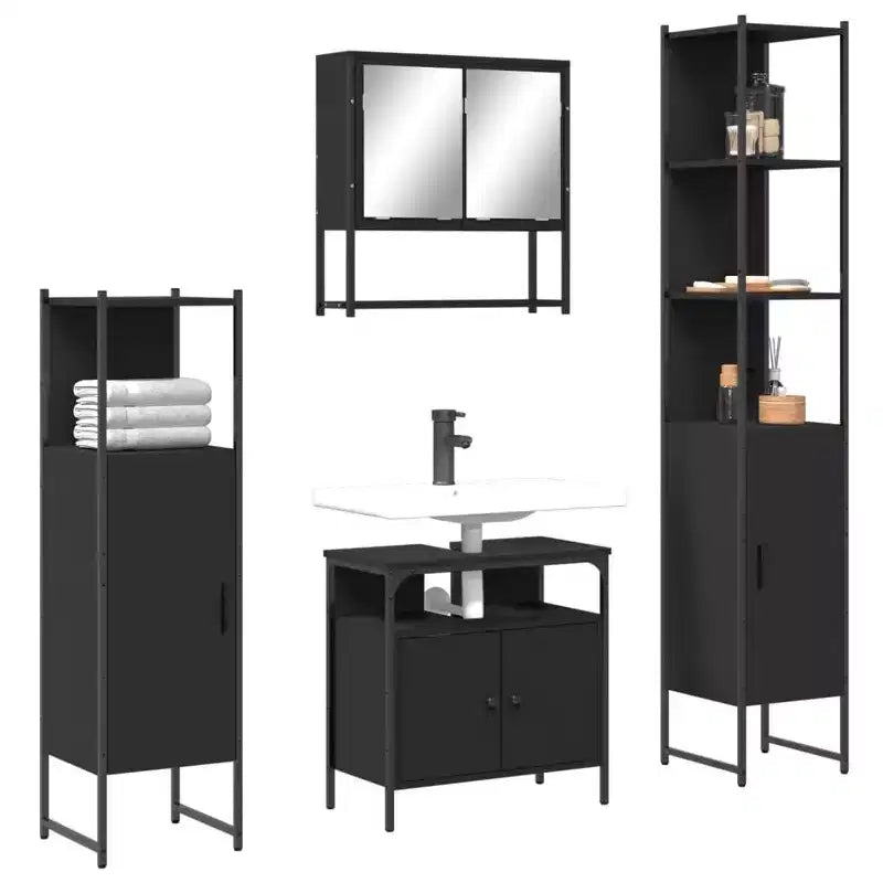 Set mobile bagno 4 pezzi, stile moderno, rovere nero / fumé
