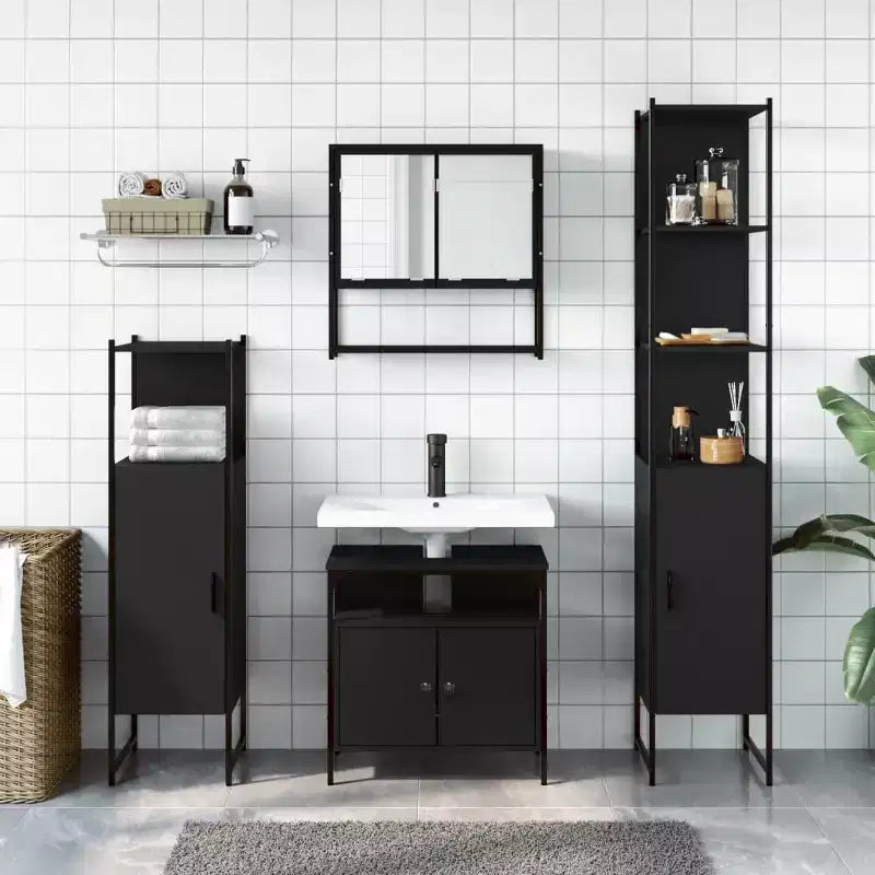 Set mobile bagno 4 pezzi, stile moderno, rovere nero / fumé