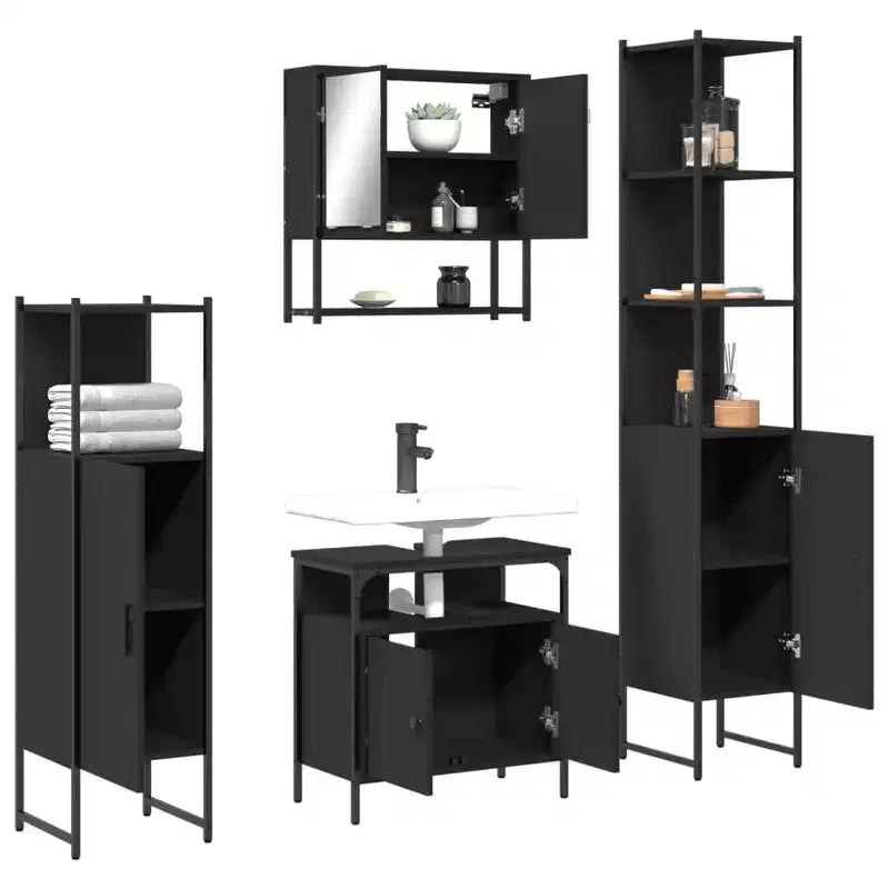 Set mobile bagno 4 pezzi, stile moderno, rovere nero / fumé