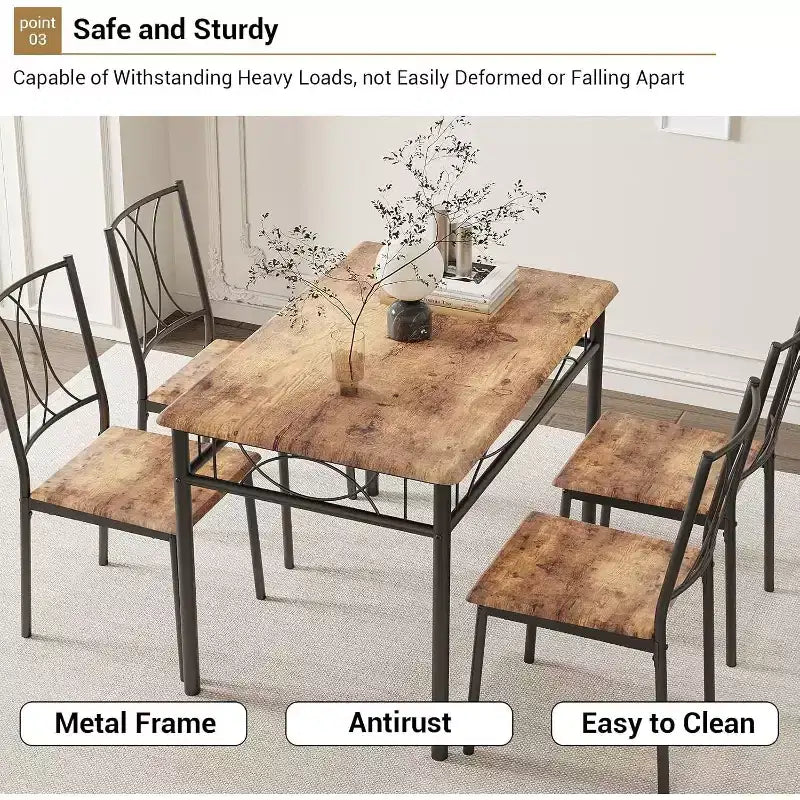 Set da pranzo grigio da 5 pezzi per 4 persone, tavolo rettangolare con 4 sedie imbottite