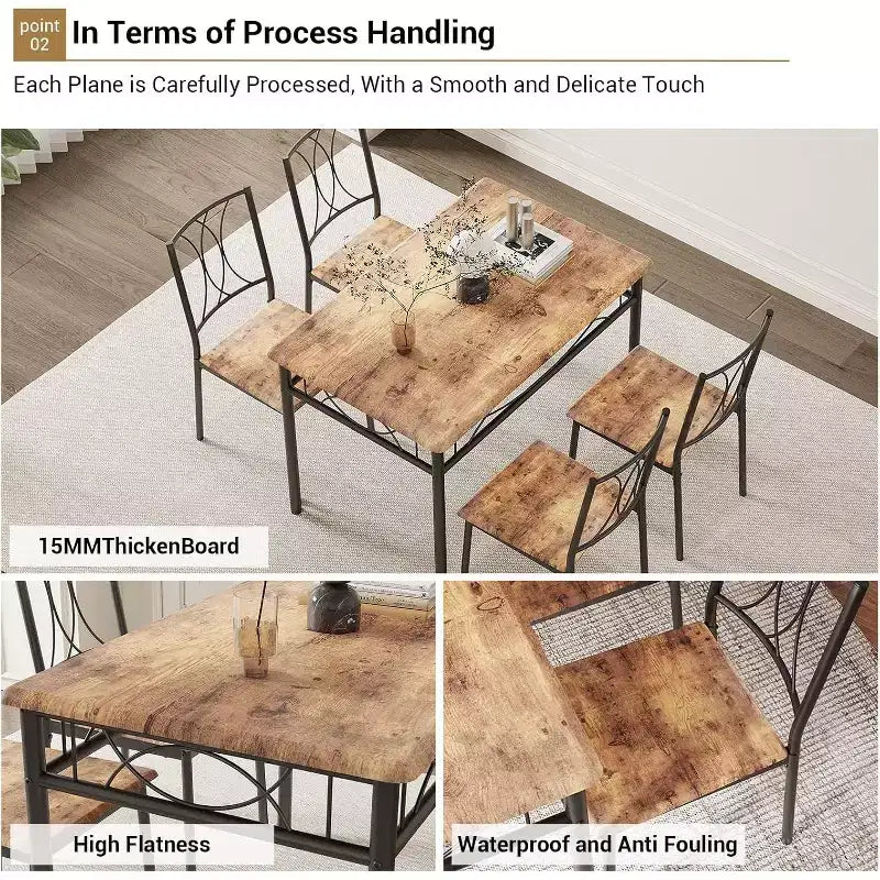 Set da pranzo grigio da 5 pezzi per 4 persone, tavolo rettangolare con 4 sedie imbottite