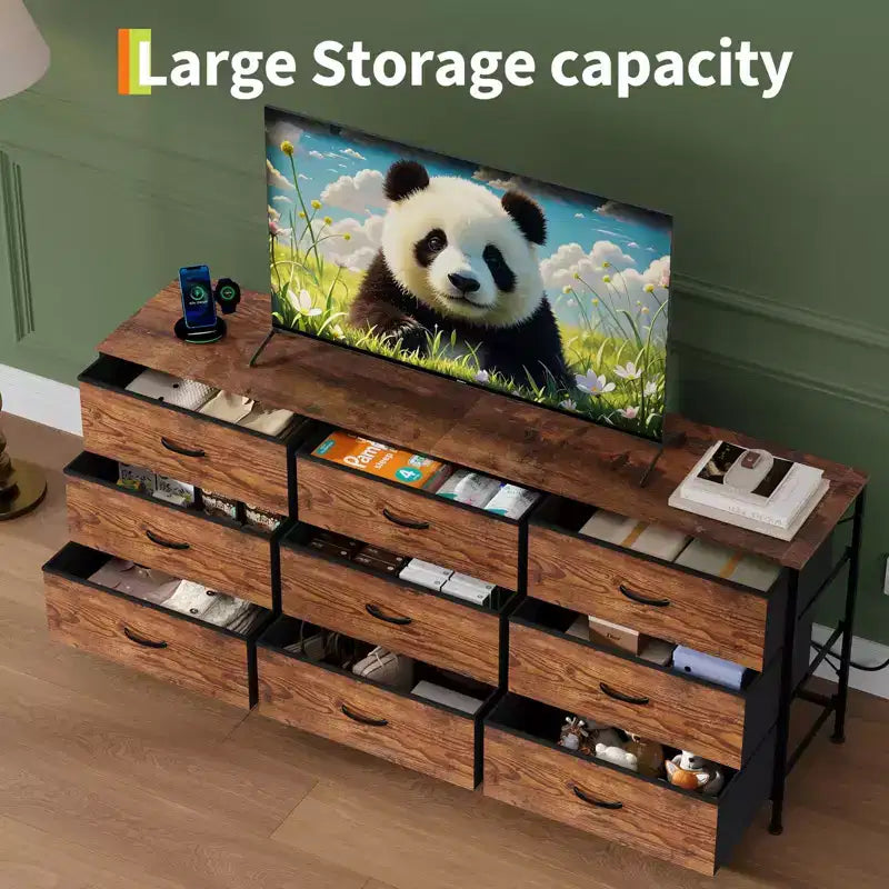 Mobile TV da 160 cm con 9 cassetti in tessuto, per TV fino a 75", nero/marrone/grigio/bianco
