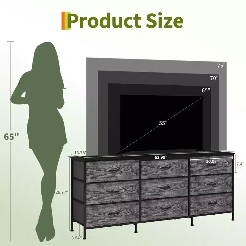 Mobile TV da 160 cm con 9 cassetti in tessuto, per TV fino a 75", nero/marrone/grigio/bianco