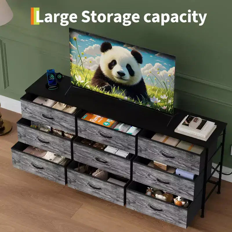 Mobile TV da 160 cm con 9 cassetti in tessuto, per TV fino a 75", nero/marrone/grigio/bianco