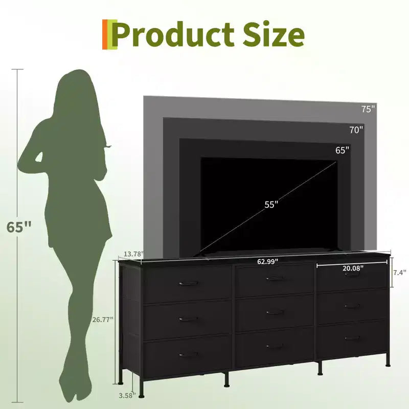 Mobile TV da 160 cm con 9 cassetti in tessuto, per TV fino a 75", nero/marrone/grigio/bianco