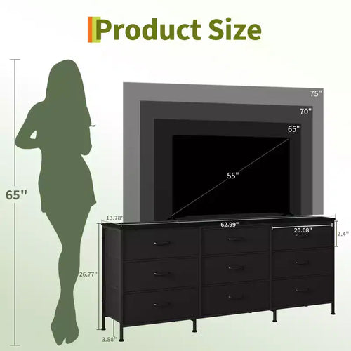 Mobile TV da 160 cm con 9 cassetti in tessuto, per TV fino a 75", nero/marrone/grigio/bianco