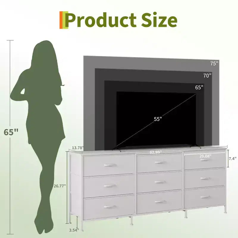 Mobile TV da 160 cm con 9 cassetti in tessuto, per TV fino a 75", nero/marrone/grigio/bianco