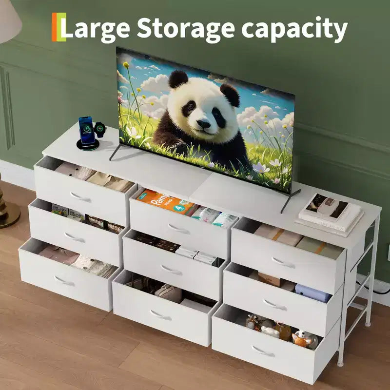 Mobile TV da 160 cm con 9 cassetti in tessuto, per TV fino a 75", nero/marrone/grigio/bianco