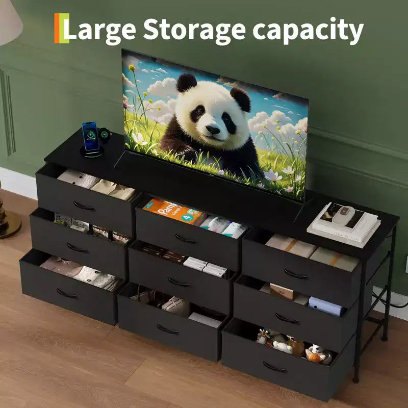 Mobile TV da 160 cm con 9 cassetti in tessuto, per TV fino a 75", nero/marrone/grigio/bianco