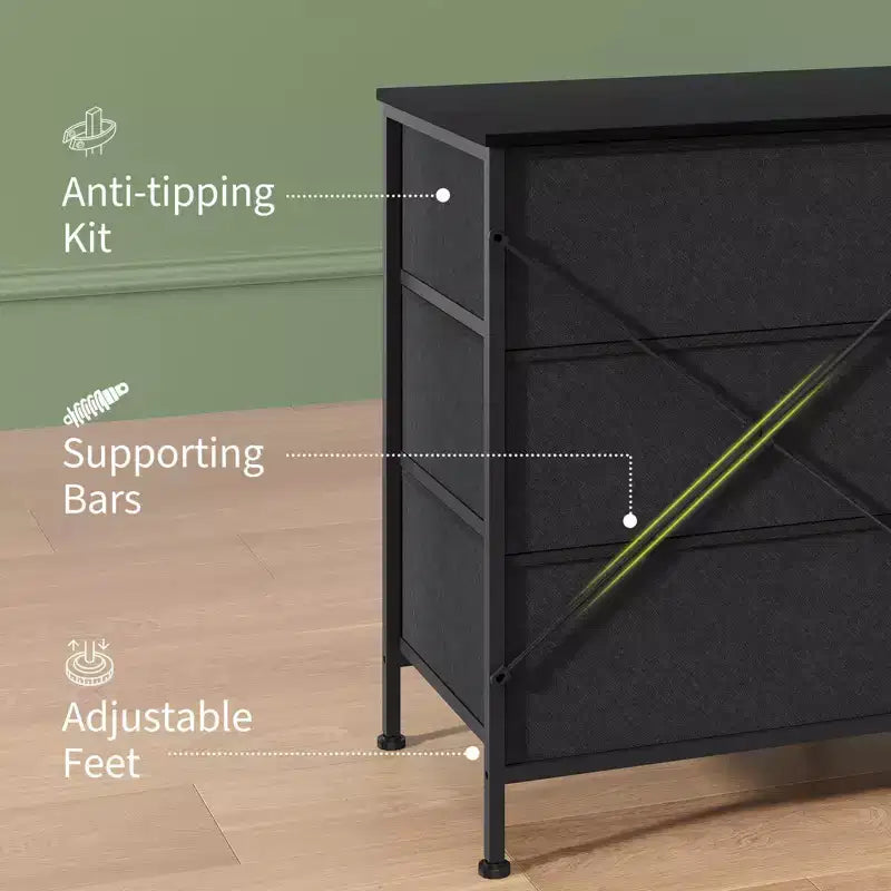 Mobile TV da 160 cm con 9 cassetti in tessuto, per TV fino a 75", nero/marrone/grigio/bianco