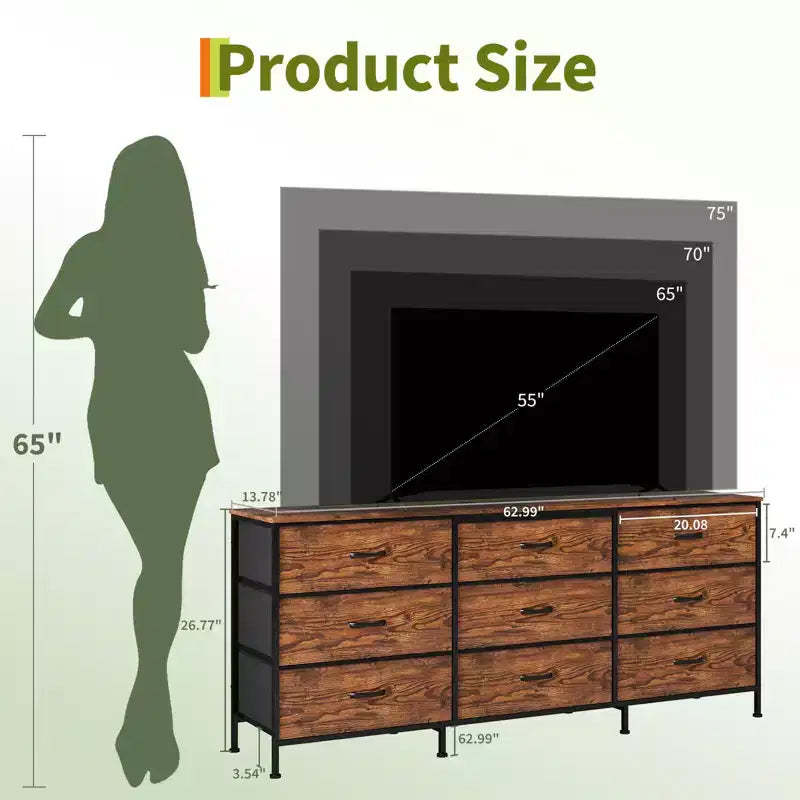 Mobile TV da 160 cm con 9 cassetti in tessuto, per TV fino a 75", nero/marrone/grigio/bianco