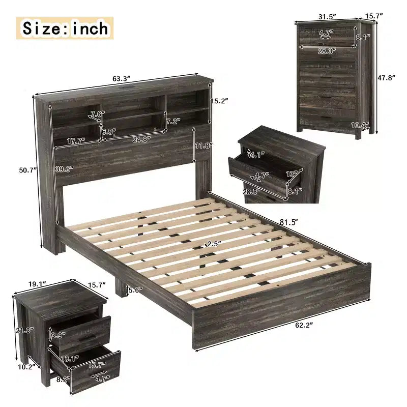 Grigio Antico / Noce, Set Camera da Letto Queen 4 Pezzi con Testiera Contenitore, per 1–2 Persone