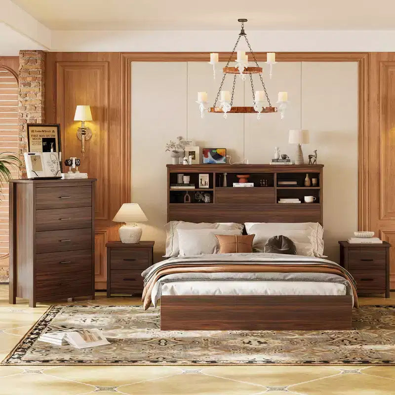 Grigio Antico / Noce, Set Camera da Letto Queen 4 Pezzi con Testiera Contenitore, per 1–2 Persone