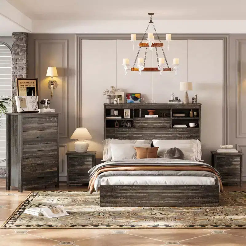 Grigio Antico / Noce, Set Camera da Letto Queen 4 Pezzi con Testiera Contenitore, per 1–2 Persone