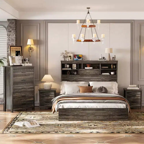 Grigio Antico / Noce, Set Camera da Letto Queen 4 Pezzi con Testiera Contenitore, per 1–2 Persone