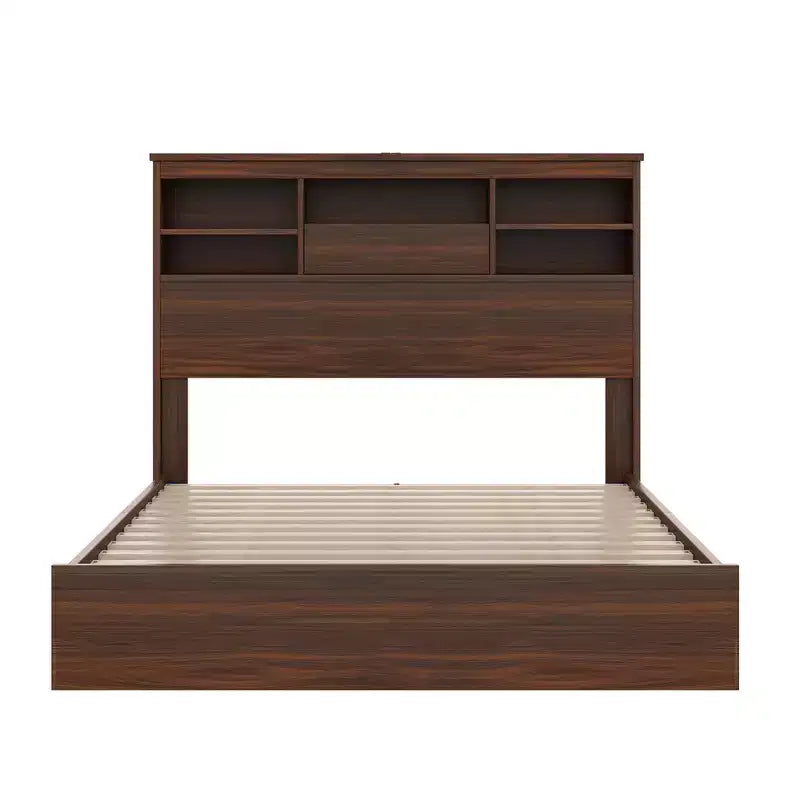 Grigio Antico / Noce, Set Camera da Letto Queen 4 Pezzi con Testiera Contenitore, per 1–2 Persone