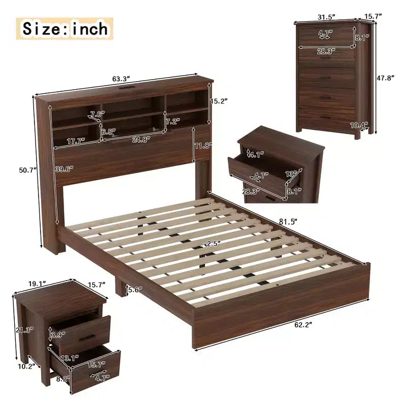 Grigio Antico / Noce, Set Camera da Letto Queen 4 Pezzi con Testiera Contenitore, per 1–2 Persone