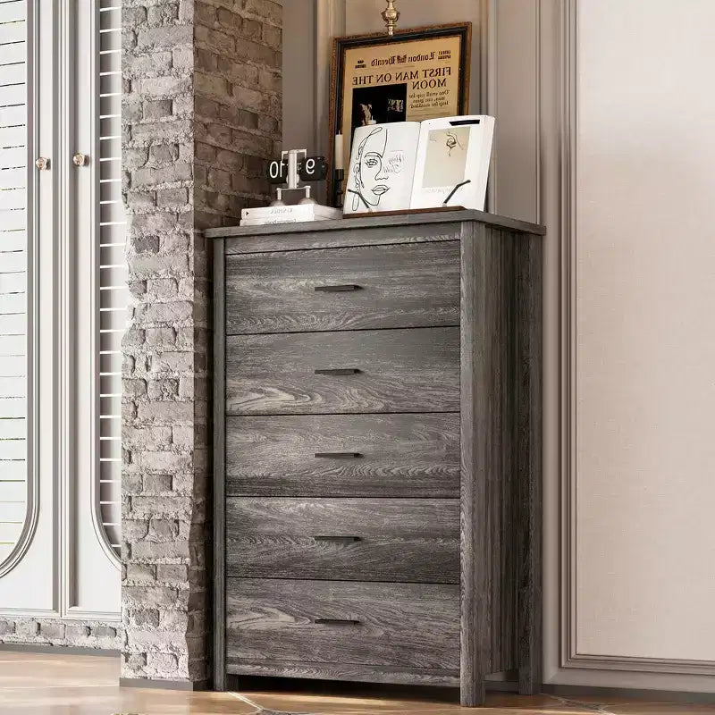 Grigio Antico / Noce, Set Camera da Letto Queen 4 Pezzi con Testiera Contenitore, per 1–2 Persone