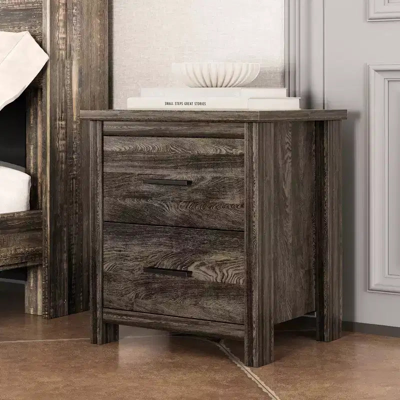 Grigio Antico / Noce, Set Camera da Letto Queen 4 Pezzi con Testiera Contenitore, per 1–2 Persone
