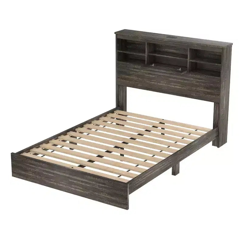 Grigio Antico / Noce, Set Camera da Letto Queen 4 Pezzi con Testiera Contenitore, per 1–2 Persone