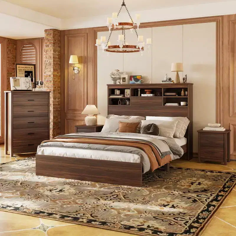 Grigio Antico / Noce, Set Camera da Letto Queen 4 Pezzi con Testiera Contenitore, per 1–2 Persone