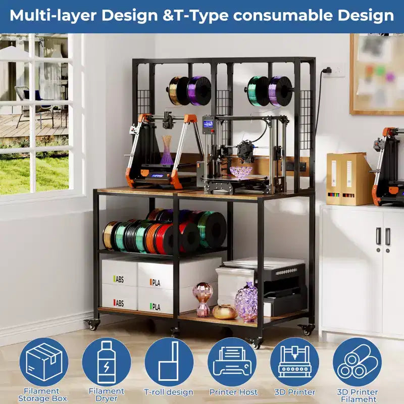 Supporto nero doppio per stampante 3D con contenitore per filamenti, mobile, per 2 stampanti