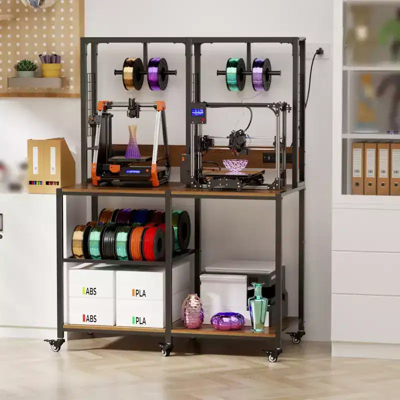 Supporto nero doppio per stampante 3D con contenitore per filamenti, mobile, per 2 stampanti