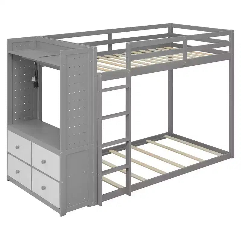 Letto a castello nero/grigio/rosa da una piazza e mezza con cassettiera illuminata e contenitore, per 2
