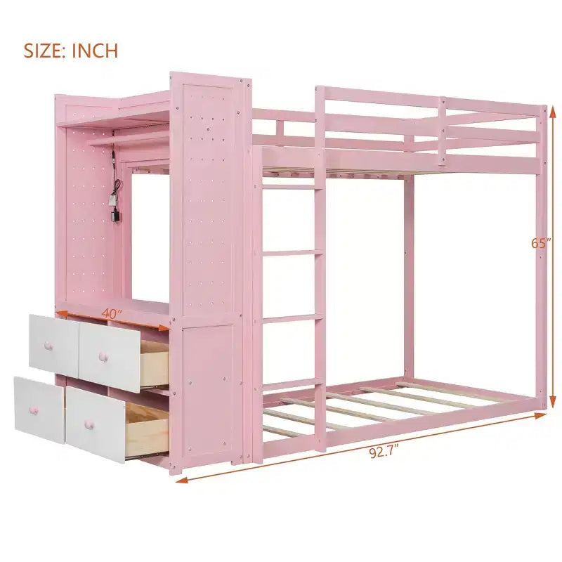 Letto a castello nero/grigio/rosa da una piazza e mezza con cassettiera illuminata e contenitore, per 2