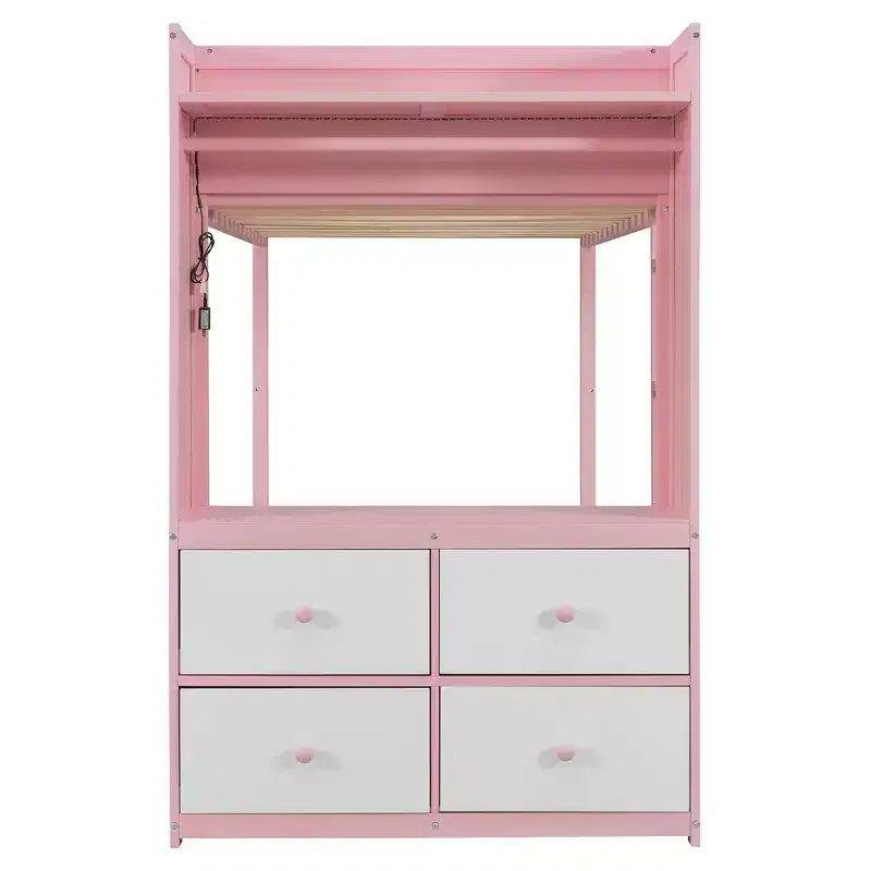 Letto a castello nero/grigio/rosa da una piazza e mezza con cassettiera illuminata e contenitore, per 2