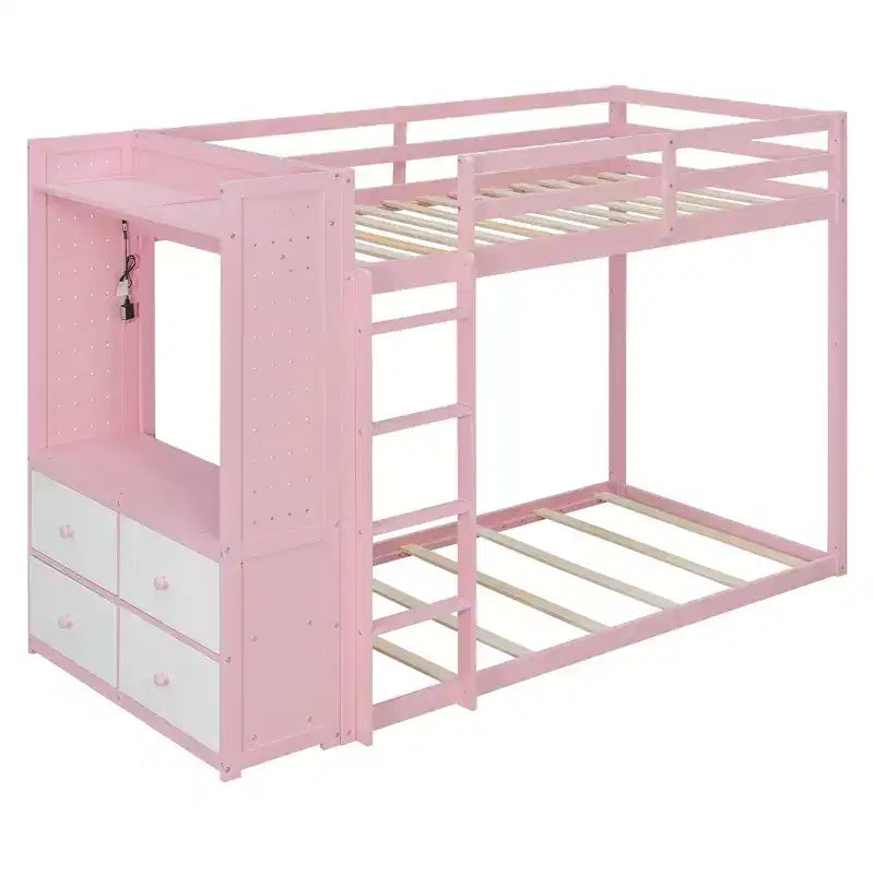 Letto a castello nero/grigio/rosa da una piazza e mezza con cassettiera illuminata e contenitore, per 2