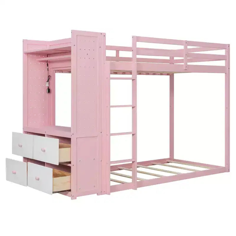 Letto a castello nero/grigio/rosa da una piazza e mezza con cassettiera illuminata e contenitore, per 2