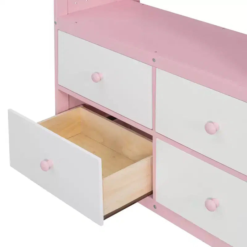 Letto a castello nero/grigio/rosa da una piazza e mezza con cassettiera illuminata e contenitore, per 2