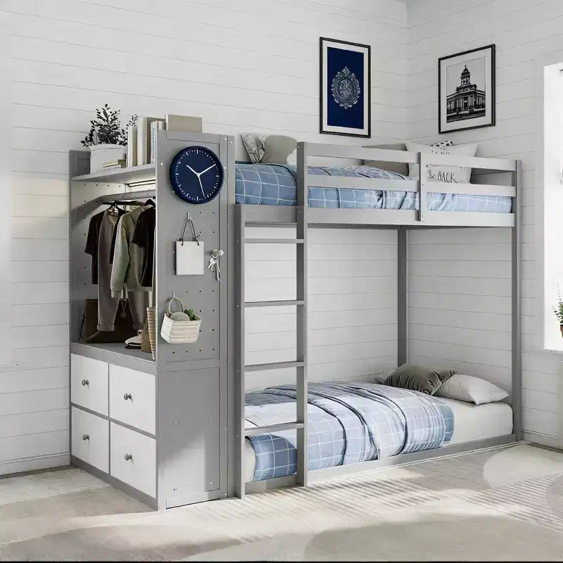 Letto a castello nero/grigio/rosa da una piazza e mezza con cassettiera illuminata e contenitore, per 2
