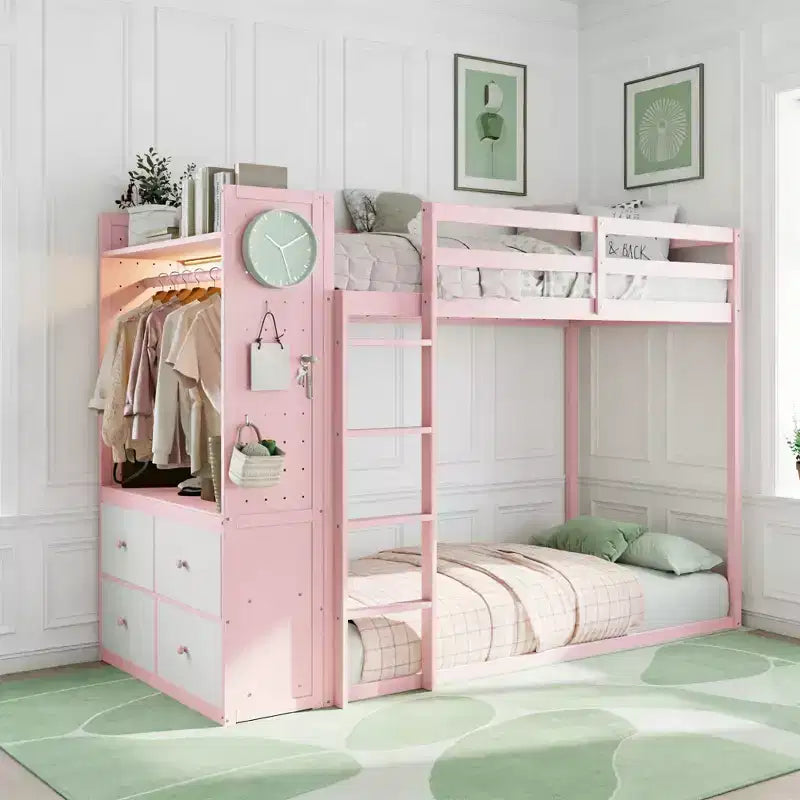 Letto a castello nero/grigio/rosa da una piazza e mezza con cassettiera illuminata e contenitore, per 2