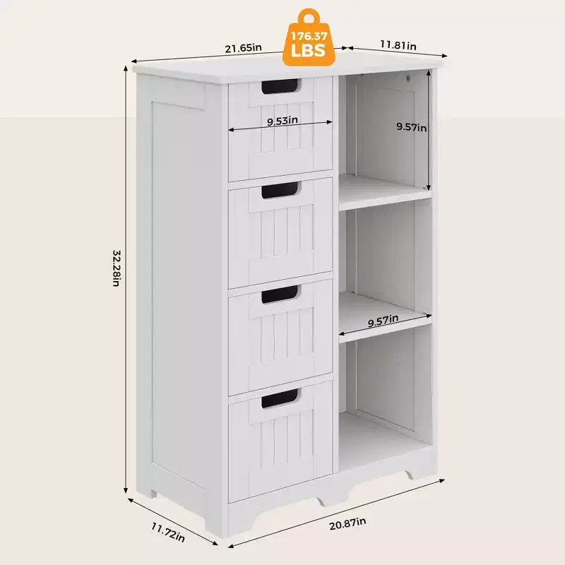 Mobiletto bianco a 4 cassetti con ripiano aperto, per 1 persona