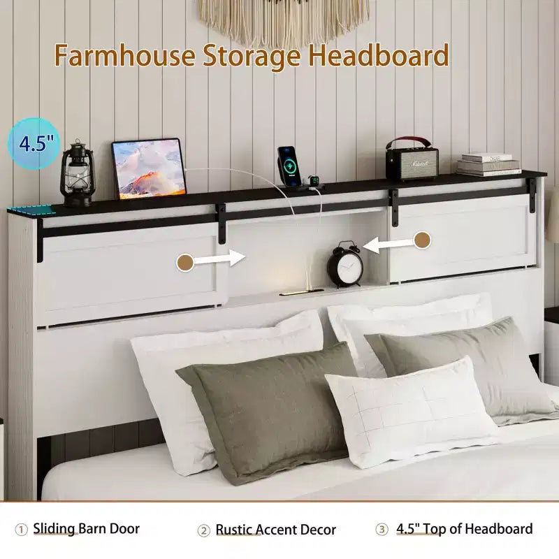 Letto a piattaforma marrone/bianco con ricarica USB, Queen/King, 1 posto